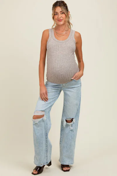 PinkBlush Light Blue Distressed Open Knee Wide Leg Maternity Jeans