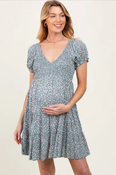 PinkBlush Light Olive Floral Smocked V-Neck Flutter Sleeve Maternity Dress