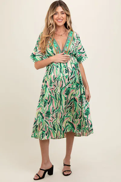 PinkBlush Green Embroidered V-Neck Short Pom Sleeve Maternity Midi Dress