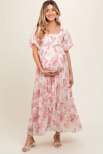 PinkBlush Red Puff Sleeve Square Neck Maternity Dress