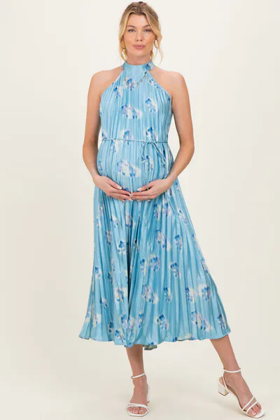 PinkBlush Light Blue Floral Pleated Halter Maternity Midi Dress