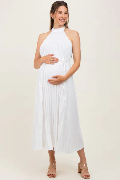 PinkBlush White Pleated Maternity Halter Dress