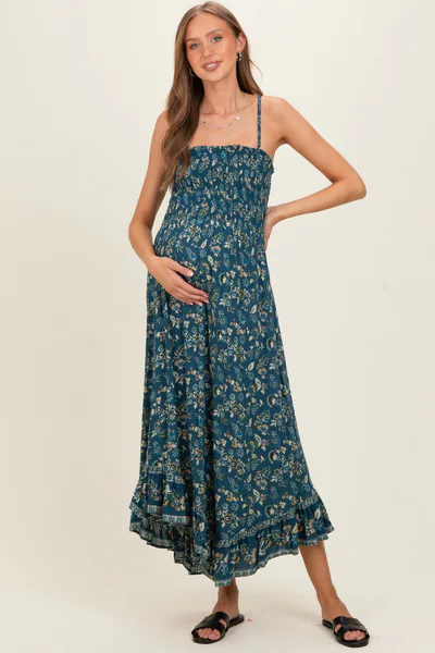 PinkBlush Teal Tie Neck Printed Maternity Sundress