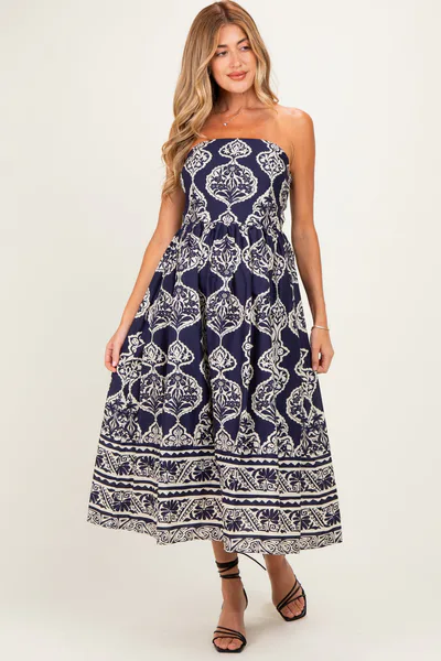 PinkBlush Navy Damask Strapless Maternity Midi Dress