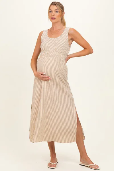 PinkBlush Beige Striped Sleeveless Cutout Maternity Maxi Dress