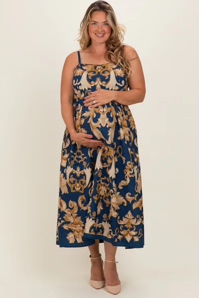 PinkBlush Dark Teal Damask Sleeveless Maternity Plus Maxi Dress