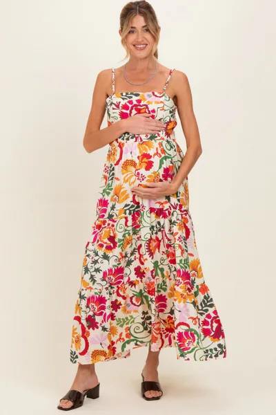 PinkBlush Cream Floral Tiered Maternity Midi Dress