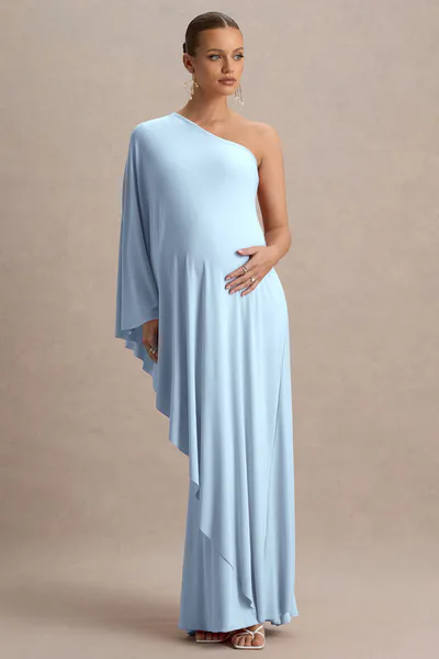 Club L London Waves | Powder Blue Asymmetric Maternity Maxi Dress With One-Sleeve Cape
