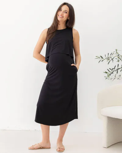 Angel Maternity Manon Maternity & Breastfeeding Midi Dress in Black
