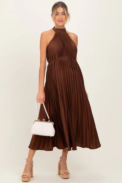 PinkBlush Brown Pleated Maternity Halter Dress