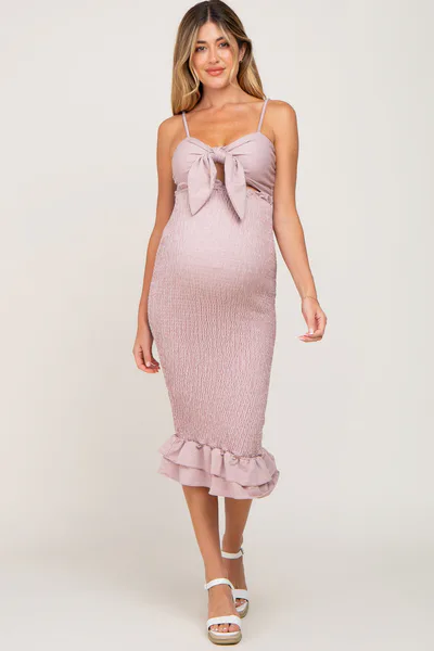 PinkBlush Mauve Gingham Print Smocked Fitted Self-Tie Maternity Midi Dress
