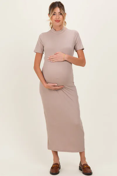 PinkBlush Mocha Ribbed Mock Neck Short Sleeve Maternity Midi Dress