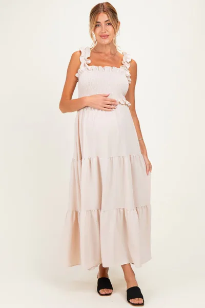 PinkBlush Beige Sleeveless Smocked Tiered Maxi Dress