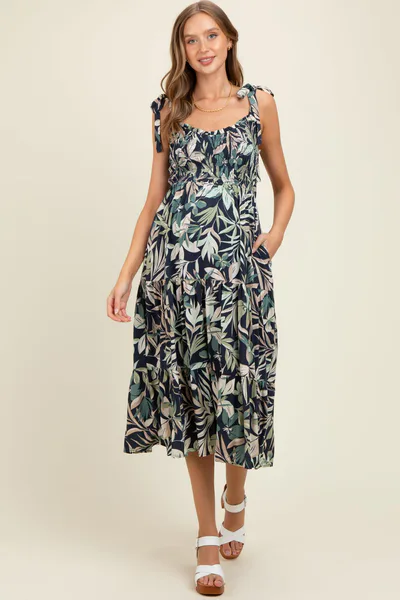 PinkBlush Navy Tropical Print Smocked Shoulder Tie Maternity Midi Dress