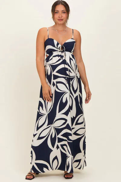 PinkBlush Navy Floral Cutout Halter Maternity Maxi Dress