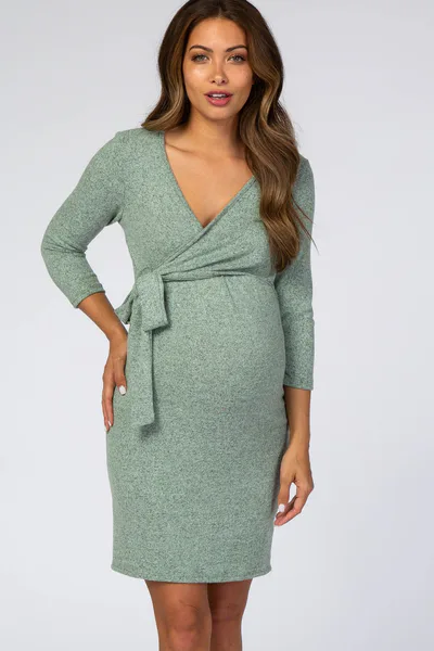 PinkBlush Mint Brushed Knit Wrap Fitted Maternity/Nursing Dress