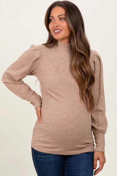 PinkBlush Mocha Ribbed Mock Neck Bubble Sleeve Maternity Top