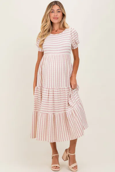 PinkBlush Cream/Mauve Striped Short Sleeve Tiered Maternity Maxi Dress