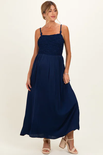 PinkBlush Navy Textured Smocked Maternity Maxi Dress