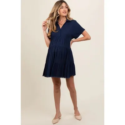 Target PinkBlush Navy Tiered Linen Maternity Dress Navy Blue Small