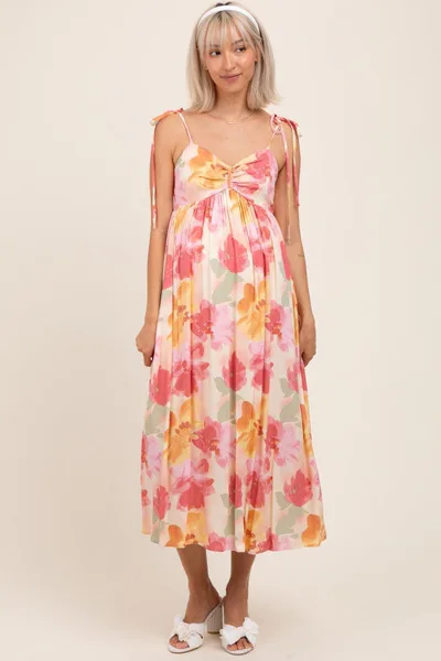 PinkBlush Coral Multi Floral Print Ruched Shoulder Tie Maternity Midi Dress