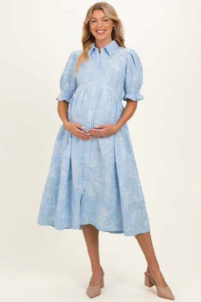 PinkBlush Light Blue Embroidered Maternity Midi Shirt Dress