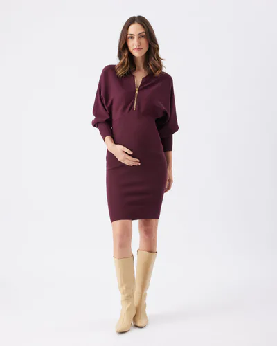 Ripe Maternity Zip Knit Nursing Dress Maroon