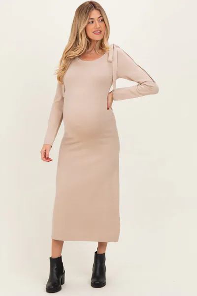 PinkBlush Beige Bow Shoulder Maternity Knit Dress