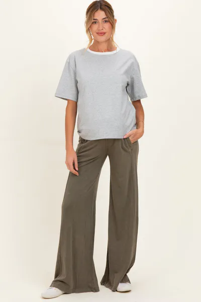 PinkBlush Olive Mineral Wash Wide Leg Maternity Pants