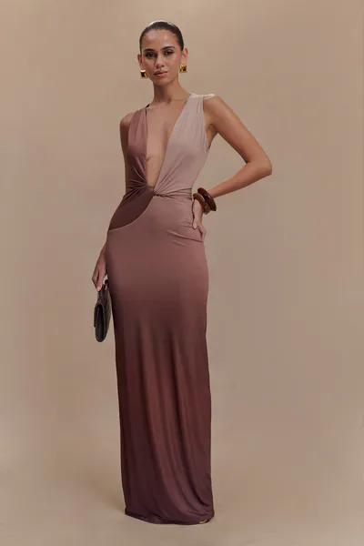 MESHKI Stella Draped Slinky Maxi Dress - Mocha Ombre