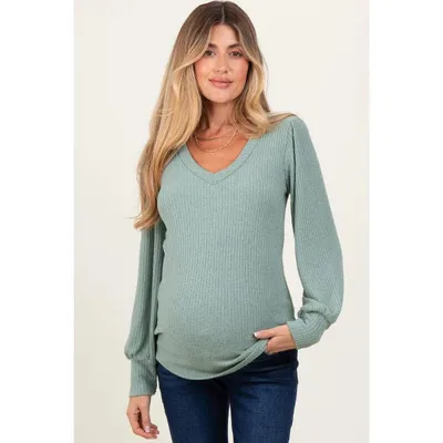 Target PinkBlush Light Olive Ribbed Knit V-Neck Button Cuff Maternity Top Light Olive Medium