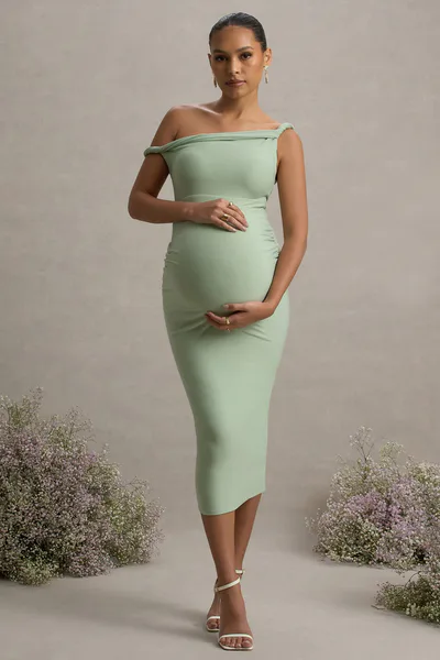 Club L London Salome | Light Green Twisted Asymmetric Maternity Midi Dress