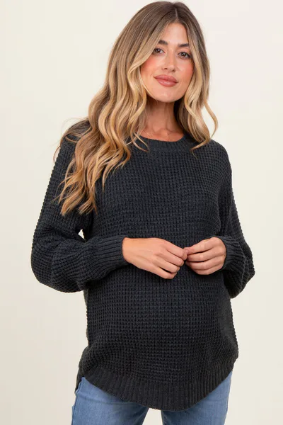 PinkBlush Charcoal Waffle Knit Rounded Hem Maternity Sweater