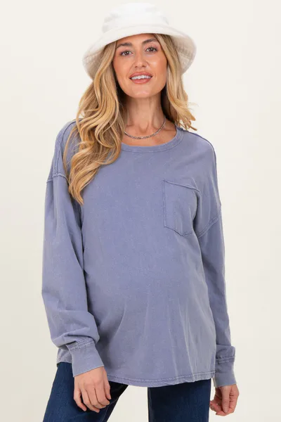 PinkBlush Navy Oversized Washed Long Sleeve Pocket Maternity Top
