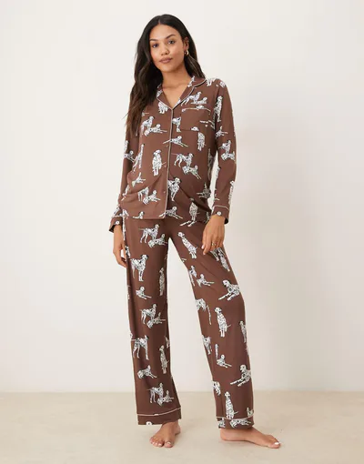 ASOS Chelsea Peers Exclusive Maternity Dalmation long sleeve revere top & pants pajama set in chocolate brown