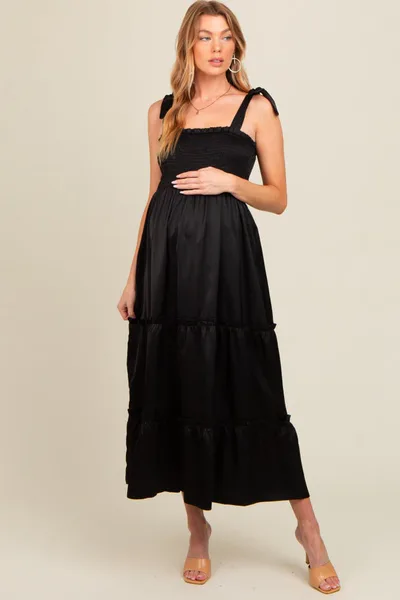 PinkBlush Black Satin Smocked Maternity Maxi Dress