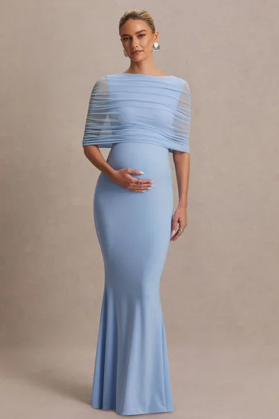 Club L London Zaria | Powder Blue Crew-Neck Maternity Maxi Dress With Cape-Overlay