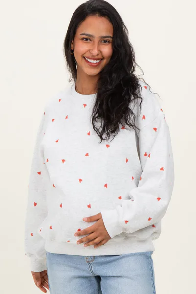 PinkBlush Heather Grey Crew Neck Heart Print Maternity Sweatshirt