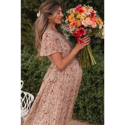 Target PinkBlush Beige Floral Pleated Short Sleeve Chiffon Maternity Midi Dress Beige Medium