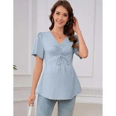 Target Maternity Drawstring V Neck Top Casual Short Sleeve Pregnancy T-Shirt Blue Grey S