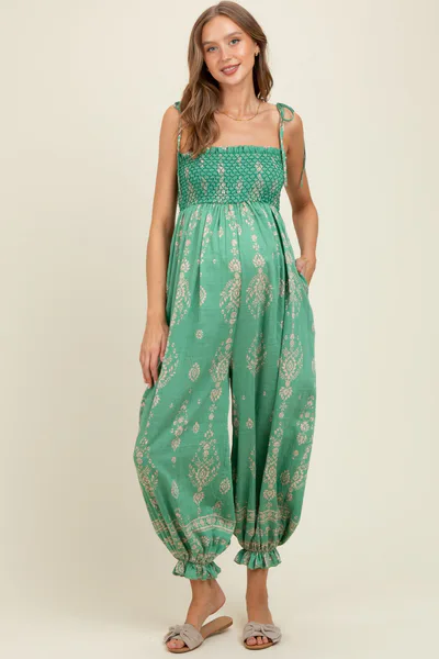 PinkBlush Green Printed Smocked Shoulder Tie Maternity Jumpsuit