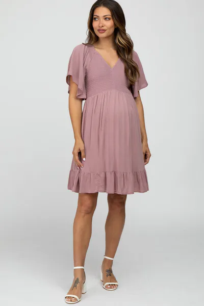 PinkBlush Mauve Smocked Front Ruffle Hem Maternity Dress