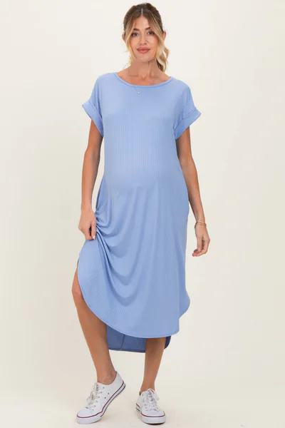 PinkBlush Blue Ribbed Curved Hem Maternity Midi Dress