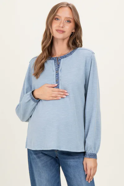 PinkBlush Light Blue Rib Knit Casual Maternity Henley Top