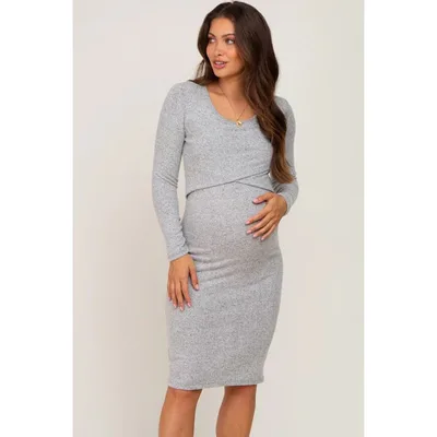 Target Pinkblush Heather Grey Brushed Knit Long Sleeve Maternity Wrap Nursing Dress Large