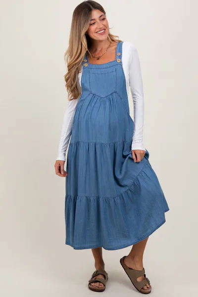 PinkBlush Blue Chambray Overall Tiered Maternity Midi Dress