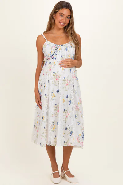 PinkBlush Ivory Pleated Side Tie Lace Accent Maternity Midi Dress