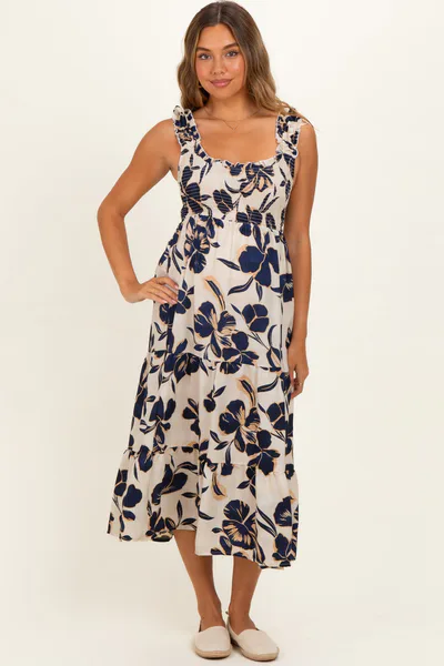 PinkBlush Navy Floral Smocked Tiered Maternity Midi Dress