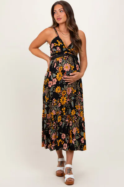 PinkBlush Black Floral Lace Inset Maternity Midi Dress