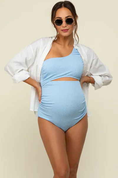 PinkBlush Light Blue Asymmetrical One Shoulder Side Cutout One-Piece Maternity Swimsuit